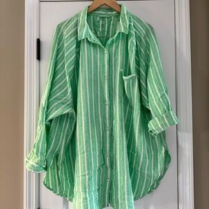 Aerie linen Green and White Striped Button-Up Shirt